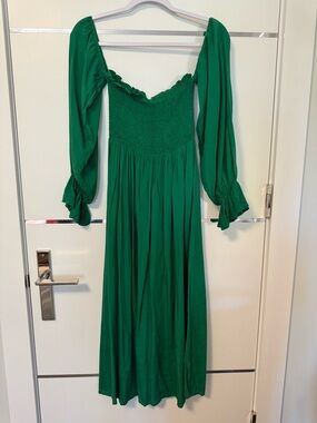 Green Smocked Midi Dress with Bishop Sleeves